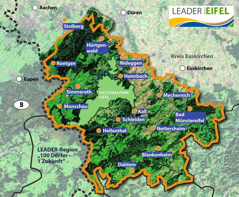 Karte und Logo der LEADER Region Eifel