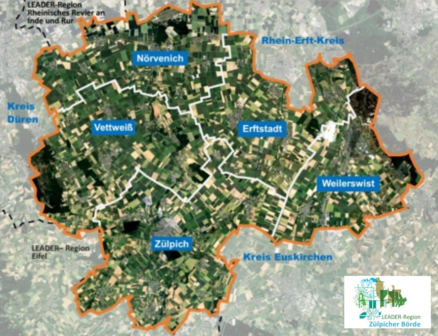 Karte und Logo der LEADER-Region Zülpicher Börde